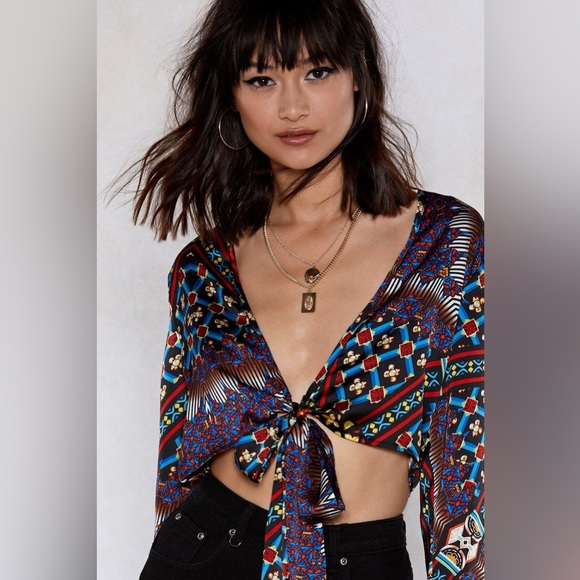 Nasty Gal Tops - Nasty Gal Scarf Print Tie Front Long Bell Sleeve Crop Top Size 6